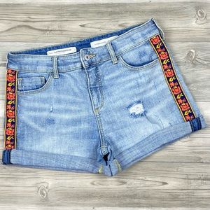 Anthropologie Light Blue Jean Shorts with Red and Orange Embroidery